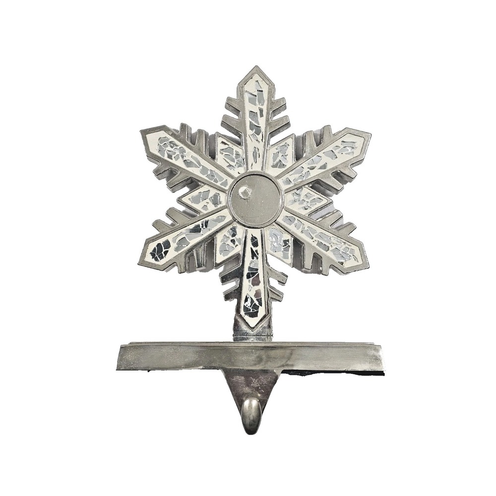 Stocking Mantle Shelf Holder Metal Glitter Silver Sparkle White Snowflake Weight
